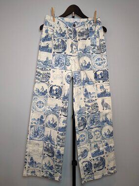 Yllw The Label Women's Size XS Miller Delft Blue White Art Jeans - Cottagecore